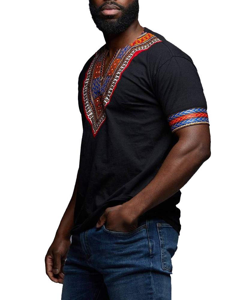 Makkrom Mens African Dashiki T Shirt Tribal Floral Print V Neck Slim Fit Shirts Tops - Image 2
